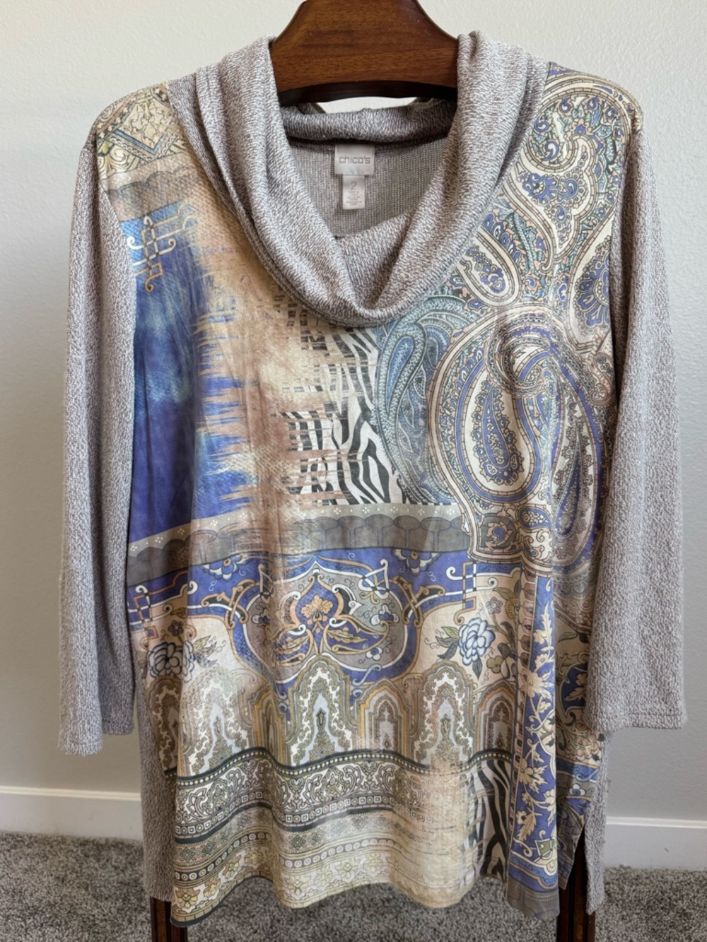 Chico's Taupe Blue Paisley Cowl Neck Sweater Boho Graphic pullover Patchwork Y2K